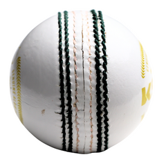 Close-up of a cricket ball with visible stitching on a white background