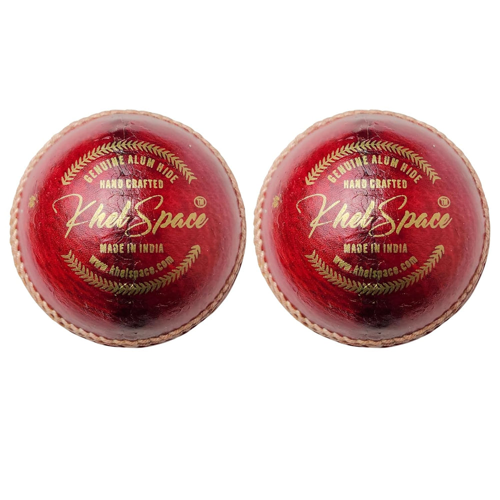 Two red cricket balls with 'KhelSpace' branding on a white background