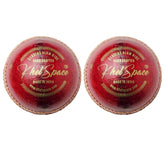Two red cricket balls with 'KhelSpace' branding on a white background