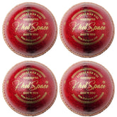 Four red cricket balls with 'KhelSpace' branding on a white background