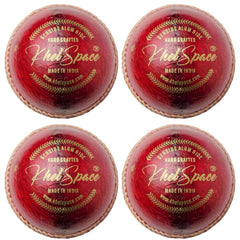 Four red cricket balls with 'KhelSpace' branding on a white background