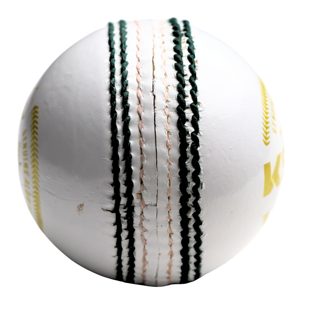 Close-up of a cricket ball with visible stitching on a white background