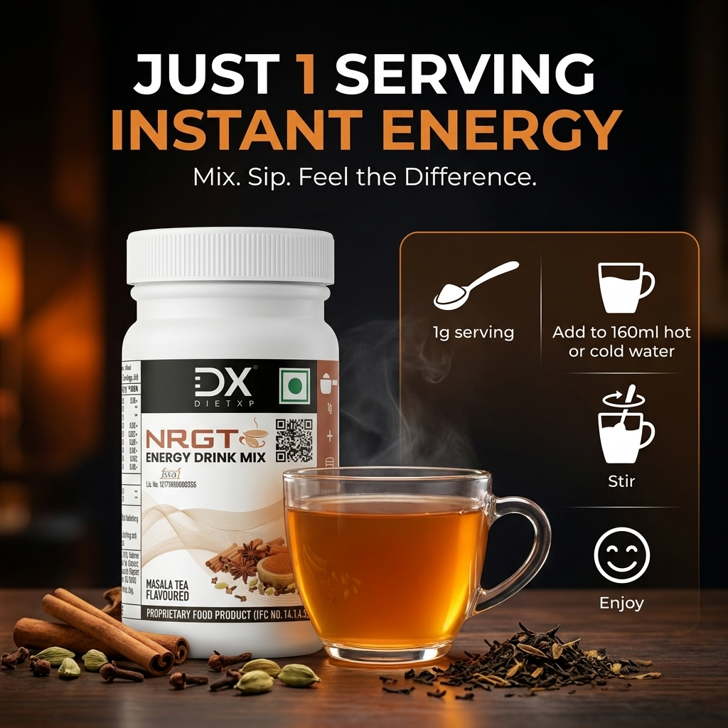 DietXp NRGT Energy Drink Mix – Masala Tea Flavoured (50g) | Instant Energizing Powder with Green Tea, Orange Pekoe & Pomegranate Extracts |Pack of 2