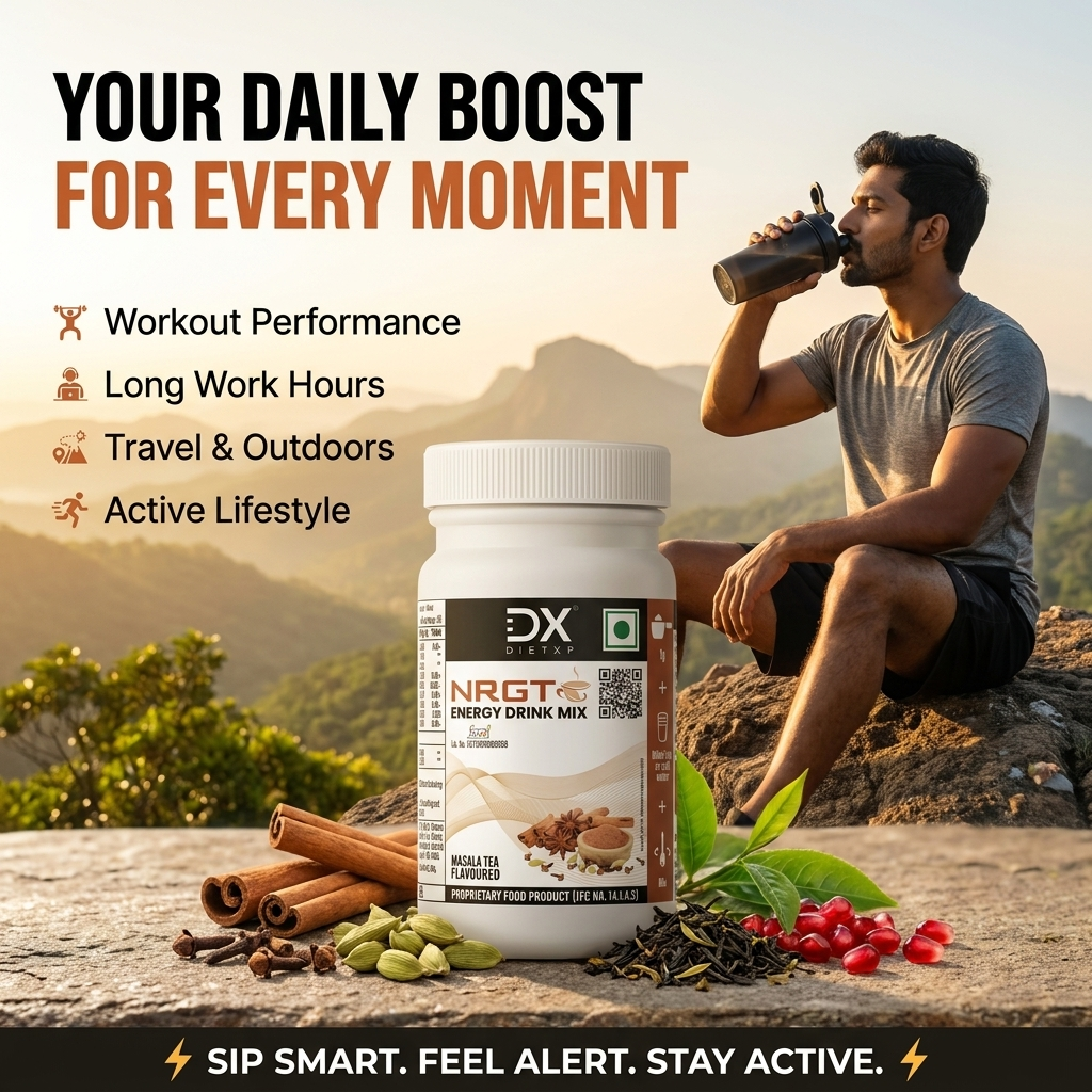 DietXp NRGT Energy Drink Mix – Masala Tea Flavoured (50g) | Instant Energizing Powder with Green Tea, Orange Pekoe & Pomegranate Extracts |Pack of 2