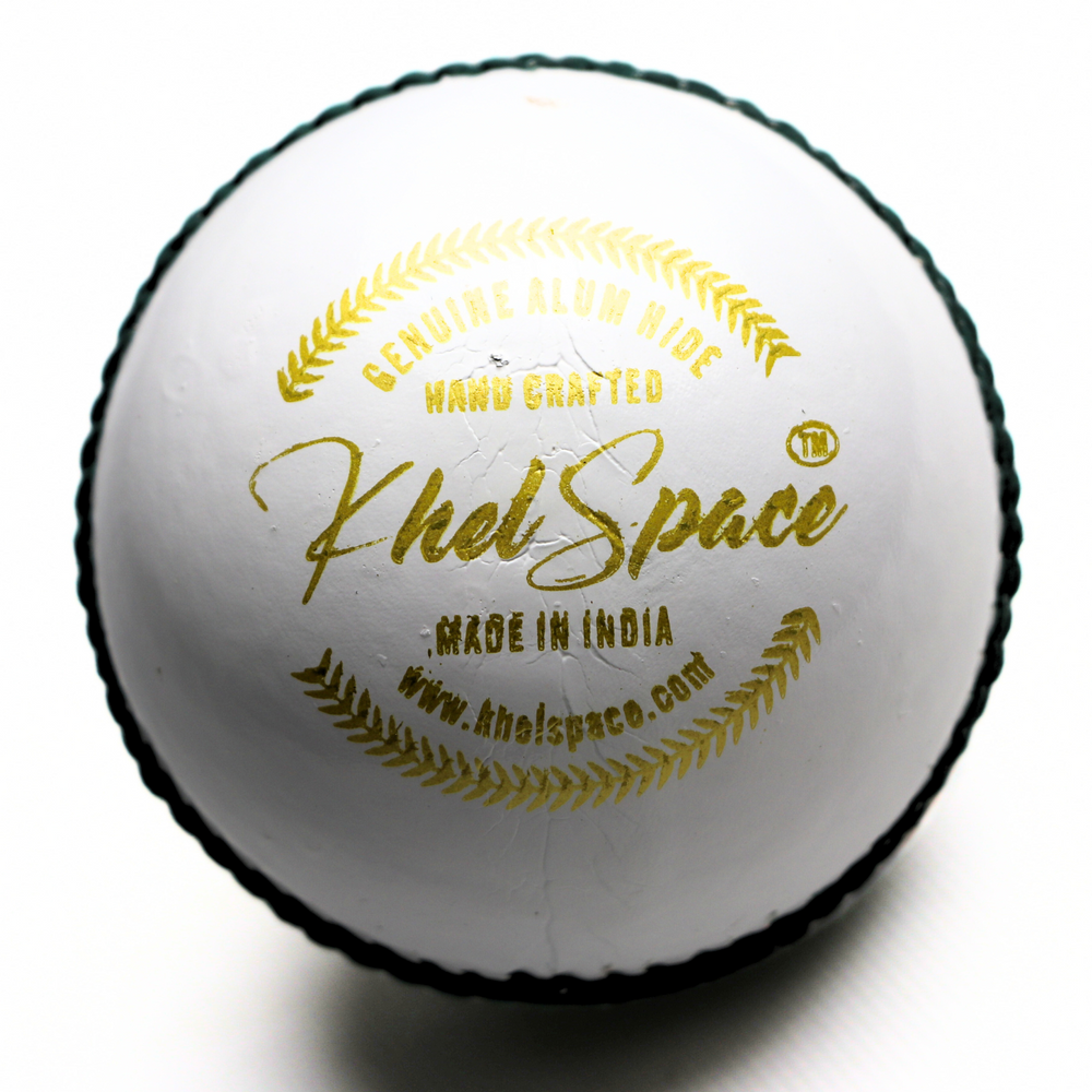 White cricket ball with 'KhelSpace' branding on a white background