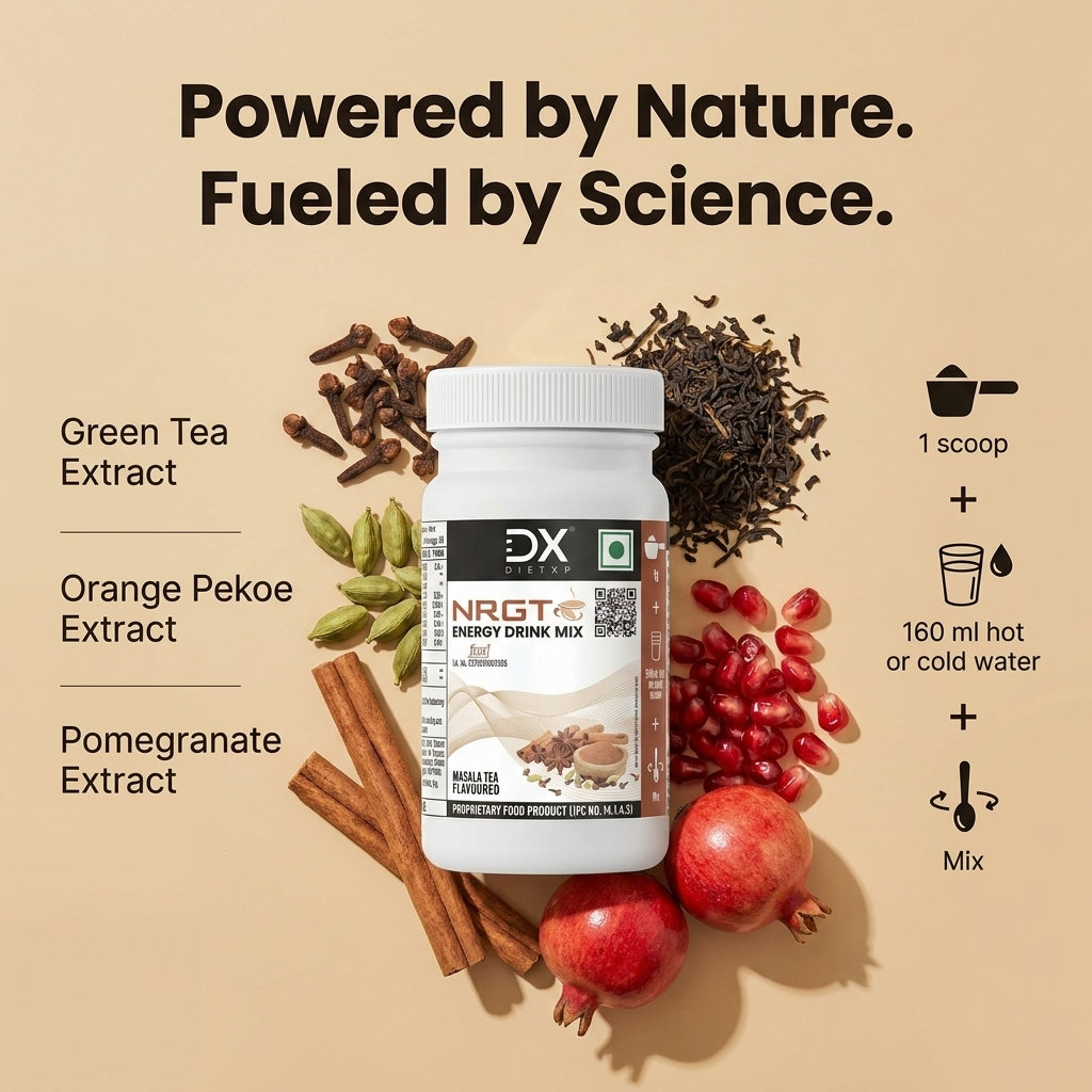 DietXp NRGT Energy Drink Mix – Masala Tea Flavoured (50g) | Instant Energizing Powder with Green Tea, Orange Pekoe & Pomegranate Extracts |Pack of 2