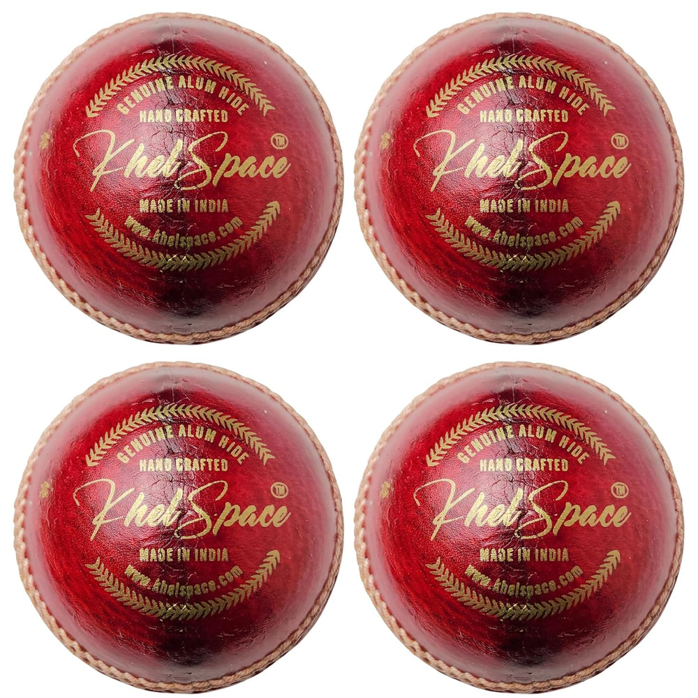 Four red cricket balls with 'KhelSpace' branding on a white background