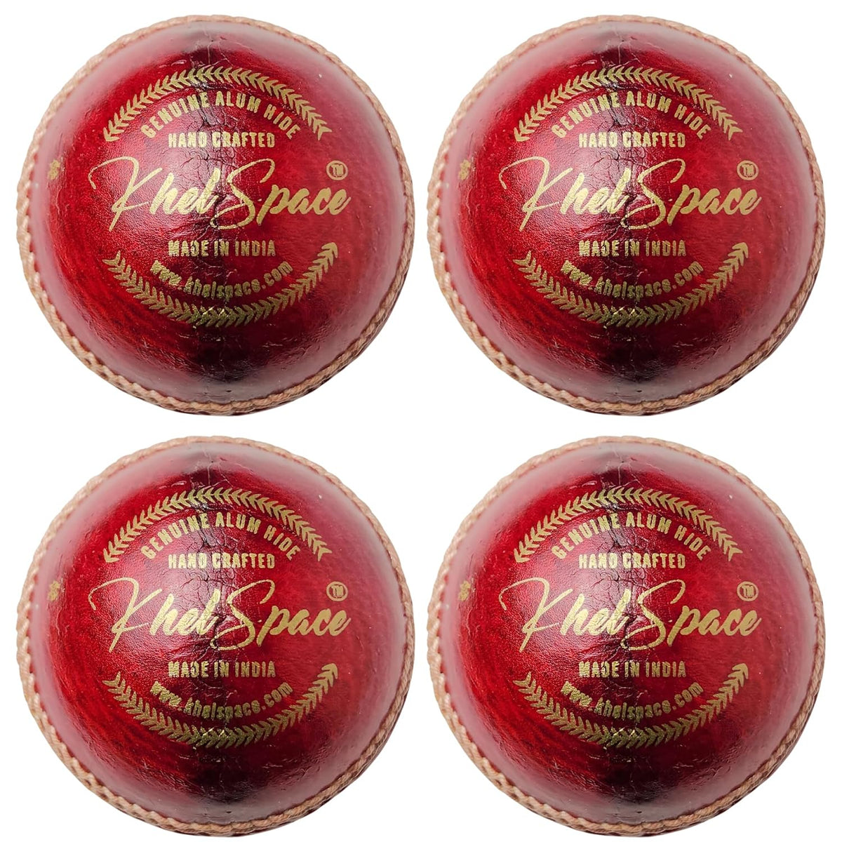 Four red cricket balls with 'KhelSpace' branding on a white background