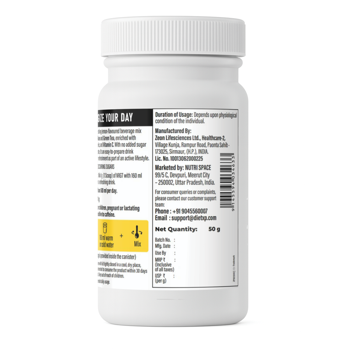 DietXP NRGT Lemon Tea Energy Drink Mix 50g No Added Sugar, 40mg Caffeine