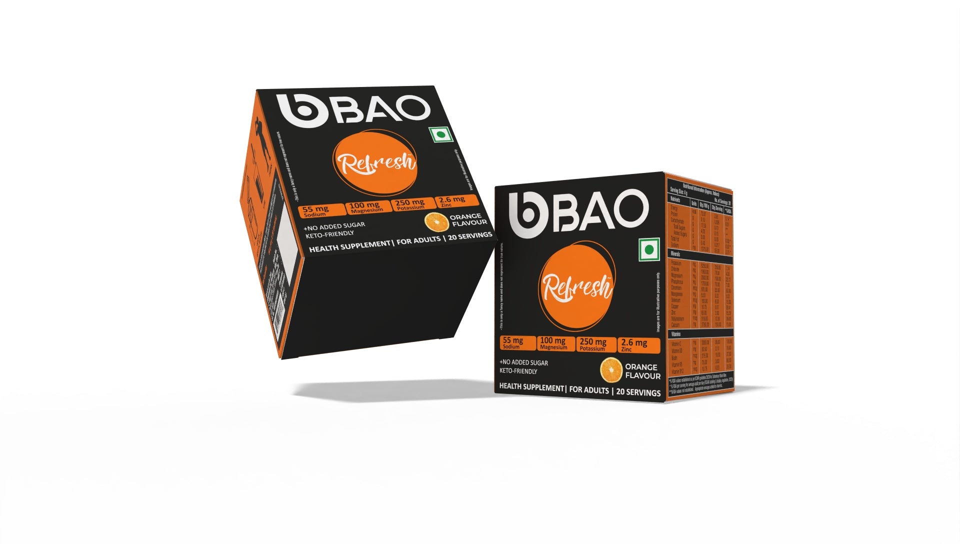 BAO Refresh Hydration Powder with Zero Added Sugar | 6 Electrolytes, 5 Vitamins & 6 Trace Minerals for Rapid Rehydration, Recovery & Immunity | Potassium-Rich Formula for Cellular Rehydration |No Artificial Sweeteners| Orange Flavour | 4g × 20 Sachets