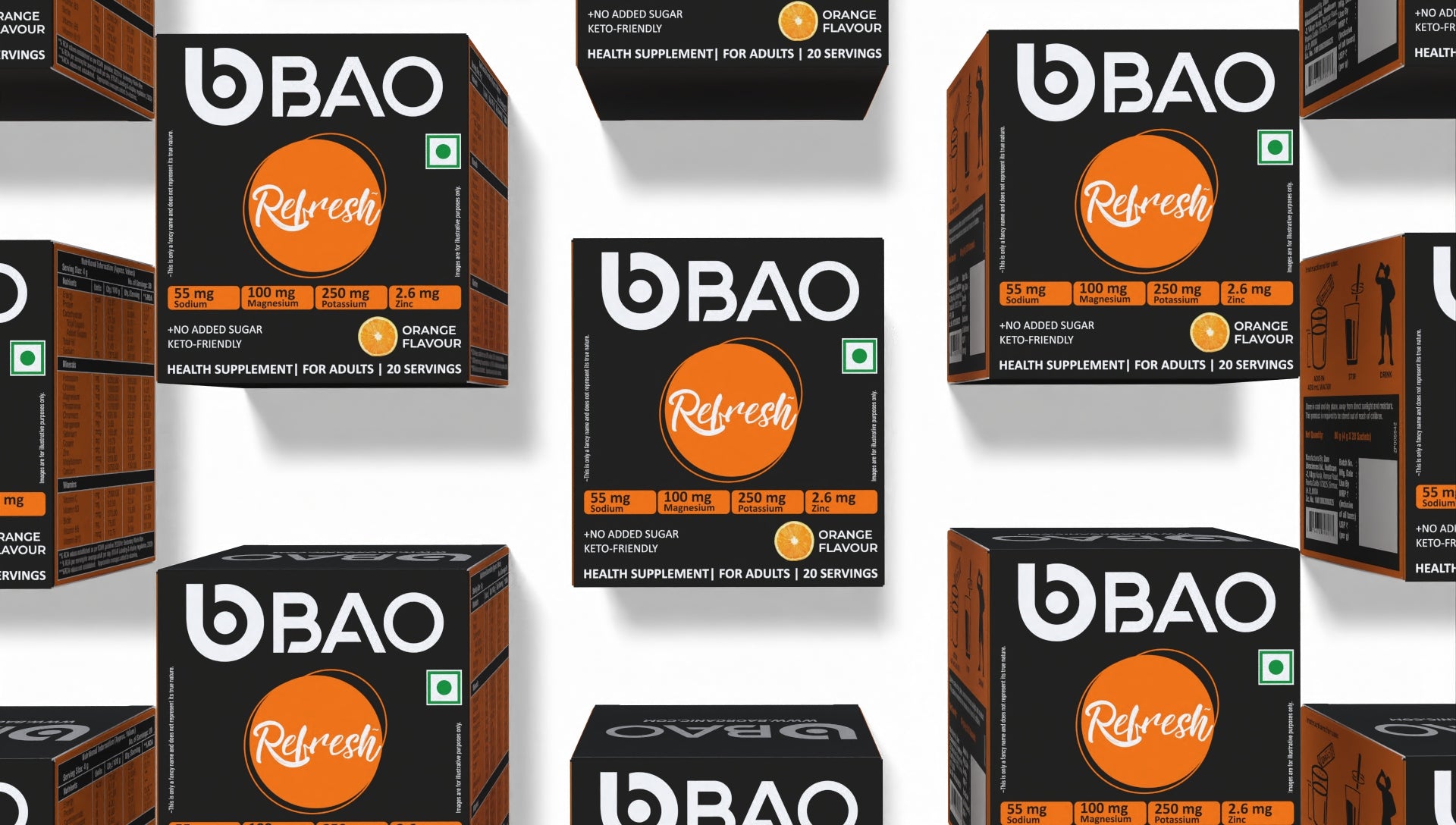 BAO Refresh Hydration Powder with Zero Added Sugar | 6 Electrolytes, 5 Vitamins & 6 Trace Minerals for Rapid Rehydration, Recovery & Immunity | Potassium-Rich Formula for Cellular Rehydration |No Artificial Sweeteners| Orange Flavour | 4g × 20 Sachets