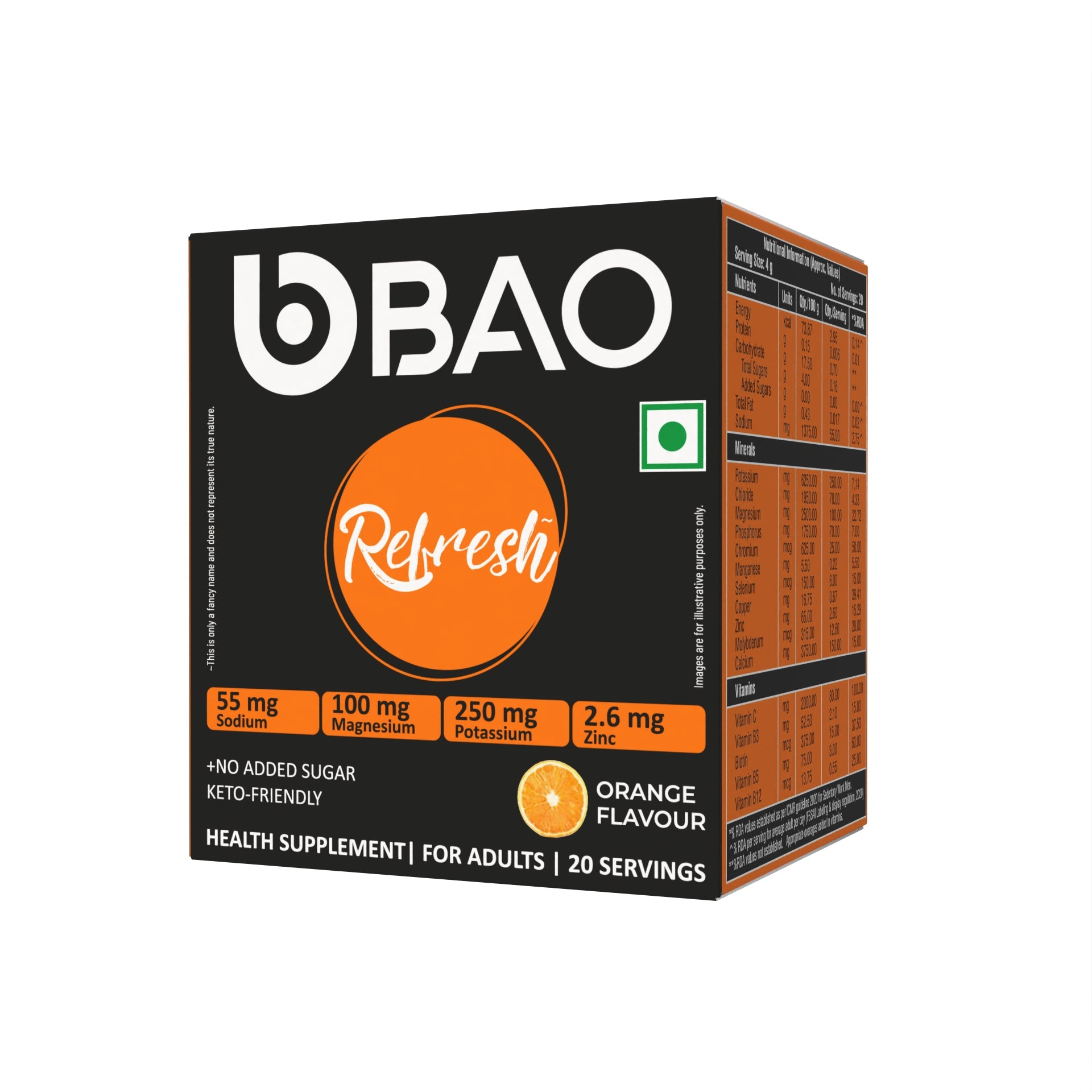 BAO Refresh health supplement box with orange flavor on a white background