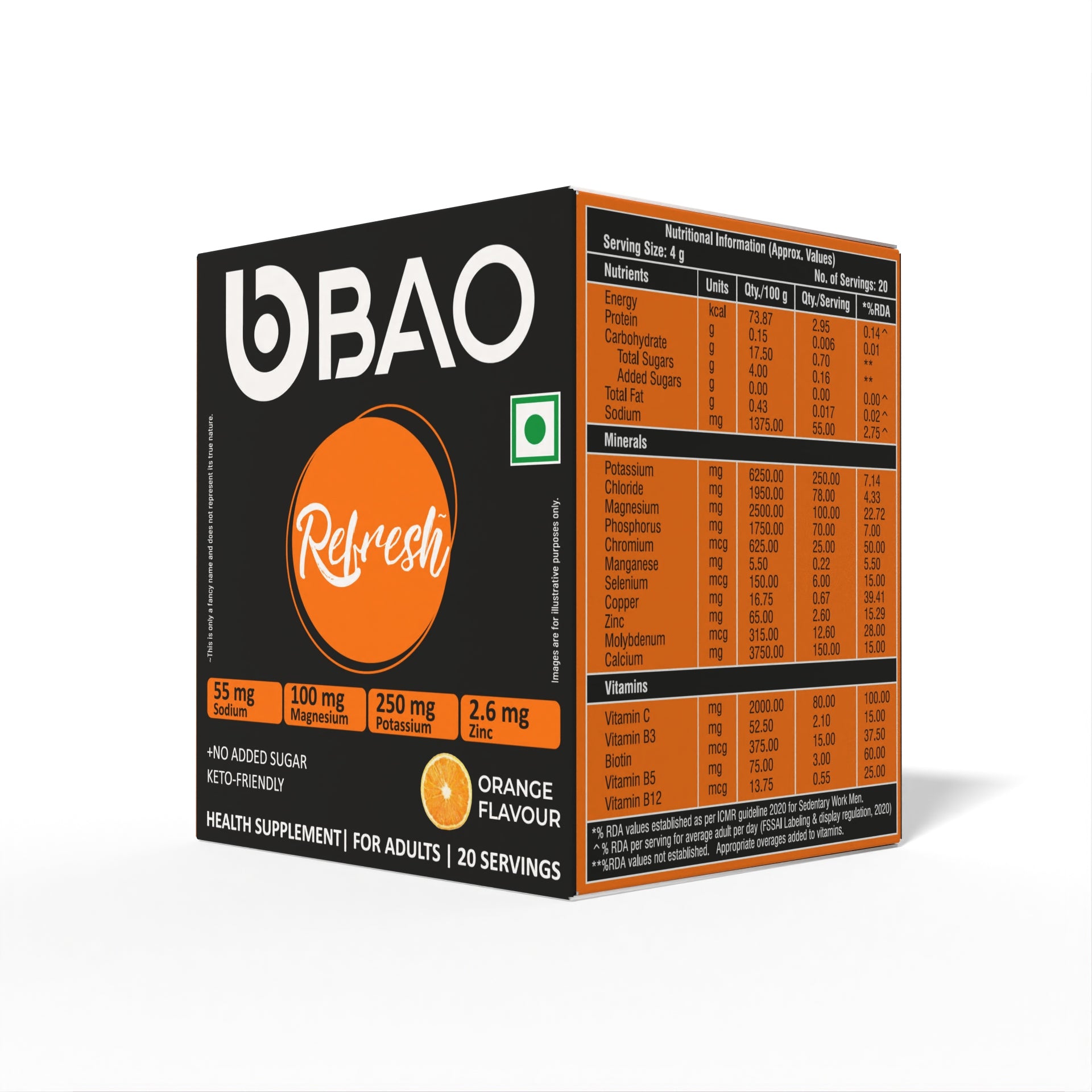 BAO Refresh Hydration Powder with Zero Added Sugar | 6 Electrolytes, 5 Vitamins & 6 Trace Minerals for Rapid Rehydration, Recovery & Immunity | Potassium-Rich Formula for Cellular Rehydration |No Artificial Sweeteners| Orange Flavour | 4g × 20 Sachets