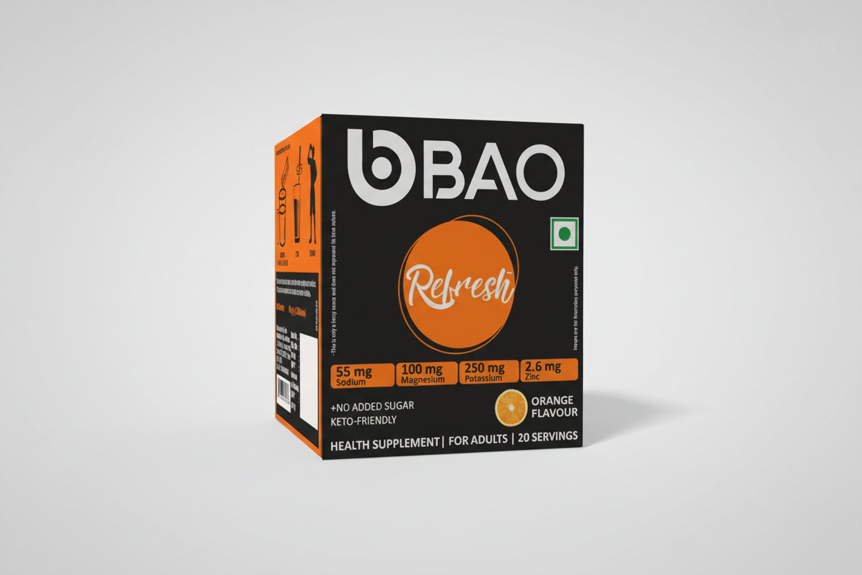 Bao Refresh health supplement box with orange and black design on a white background