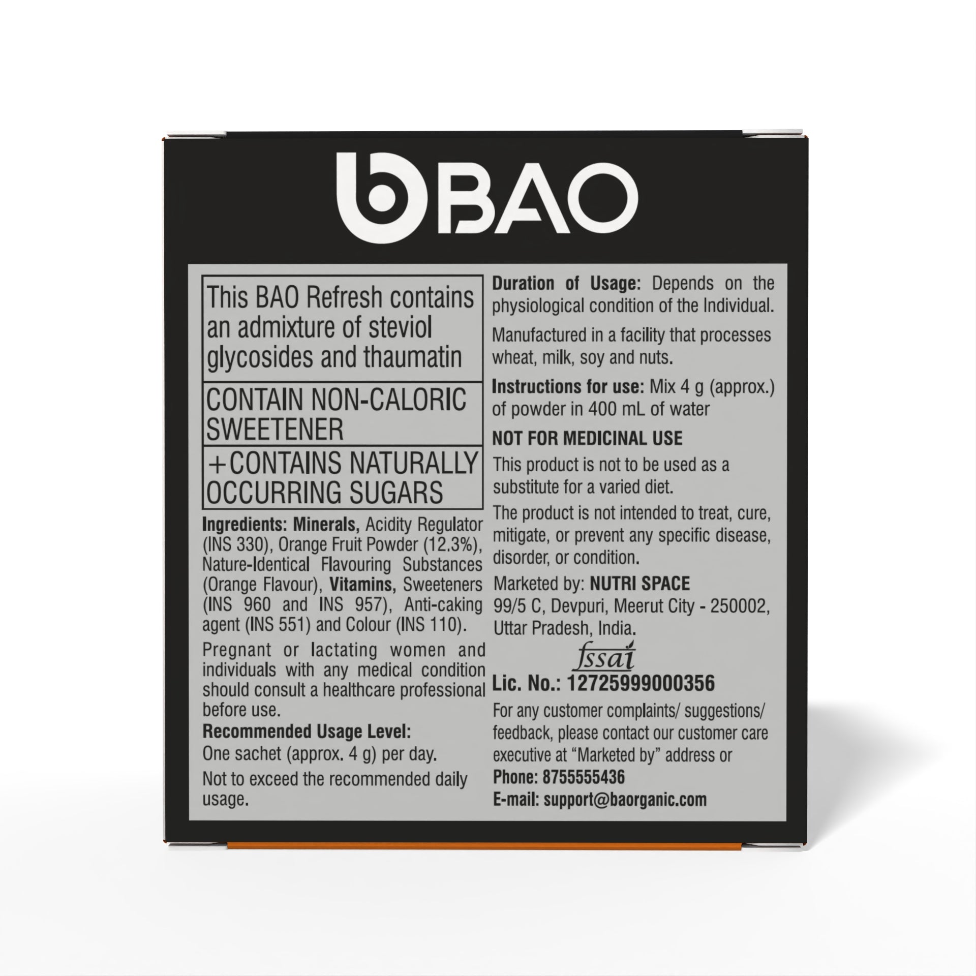 Back label of a BAO product with text and branding on a white background