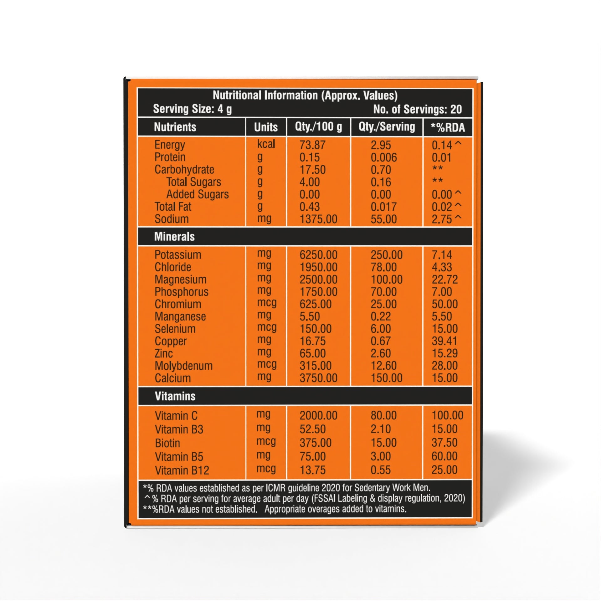 Nutritional information label with orange and black color scheme on a white background
