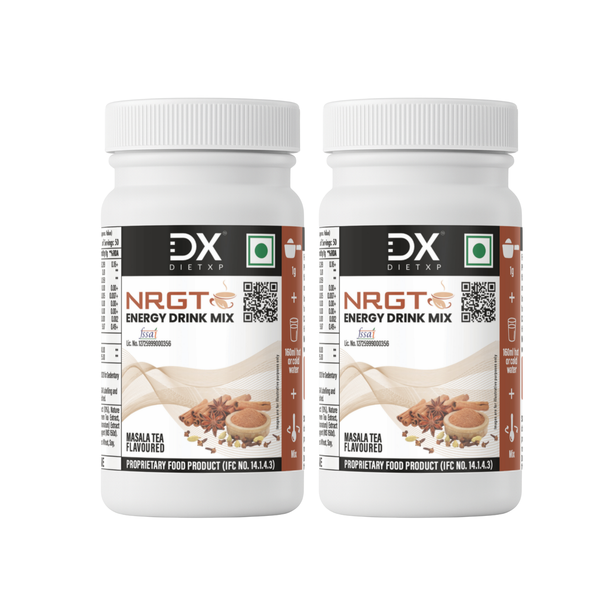 DietXp NRGT Energy Drink Mix – Masala Tea Flavoured (50g) | Instant Energizing Powder with Green Tea, Orange Pekoe & Pomegranate Extracts |Pack of 2