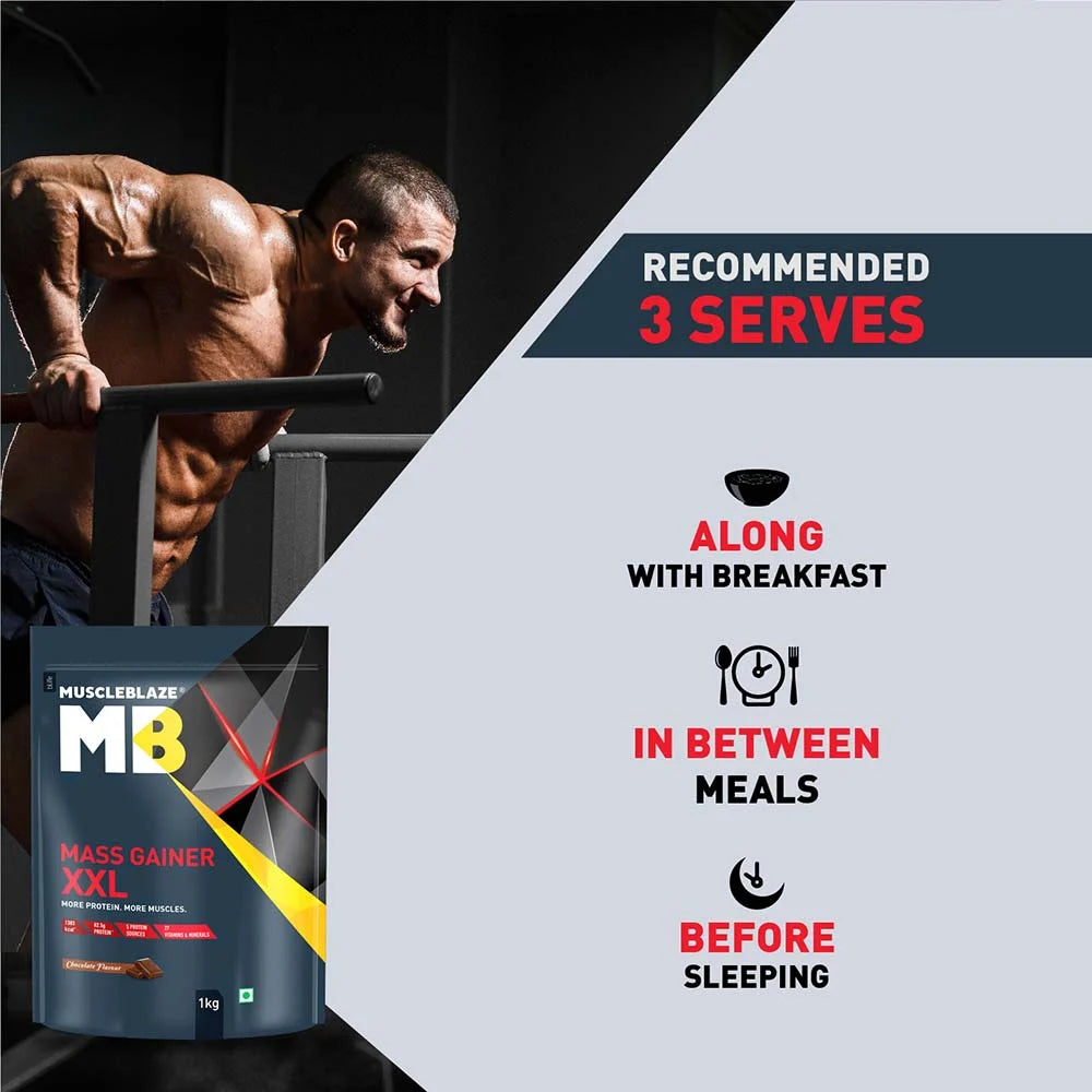 MuscleBlaze Mass Gainer XXL with Complex Carbs and Proteins in 3:1 ratio, 1 kg (2.2 lb), Chocolate