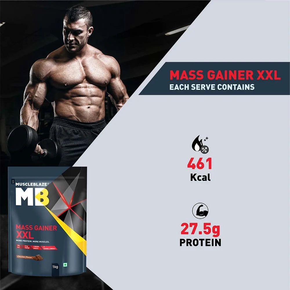 MuscleBlaze Mass Gainer XXL with Complex Carbs and Proteins in 3:1 ratio, 1 kg (2.2 lb), Chocolate
