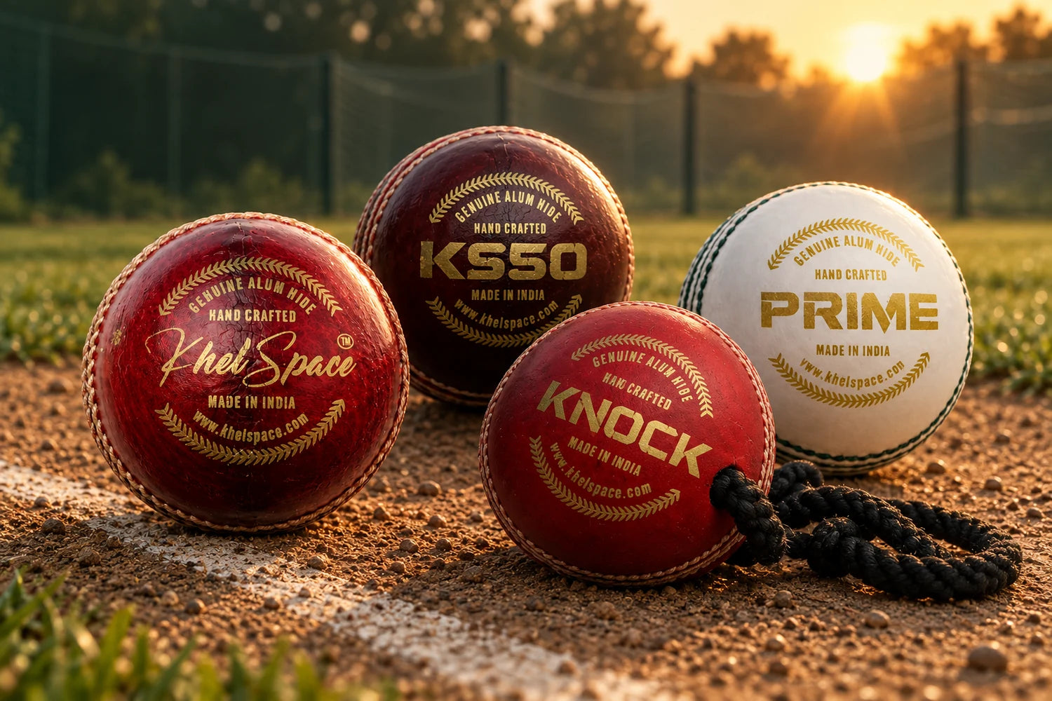 Khelspace KS-20, KS-50, Prime and Knock cricket balls on a sunlit practice ground