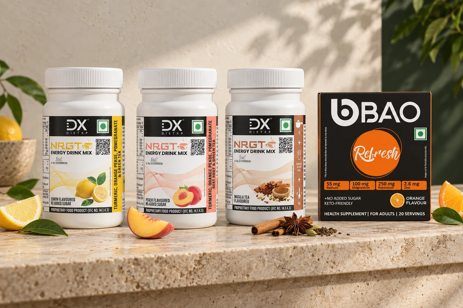 DietXP NRGT Lemon, Peach and Masala jars with BAO Refresh on a warm stone counter