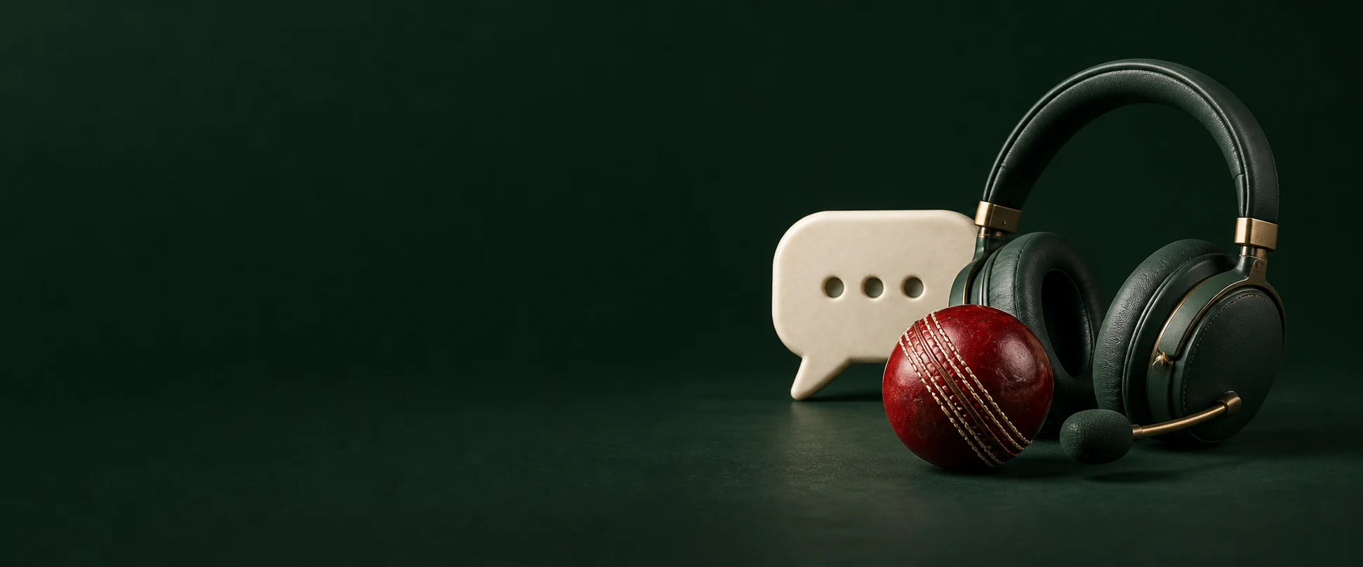 Support headset, conversation bubble, and red cricket ball on a forest-green background