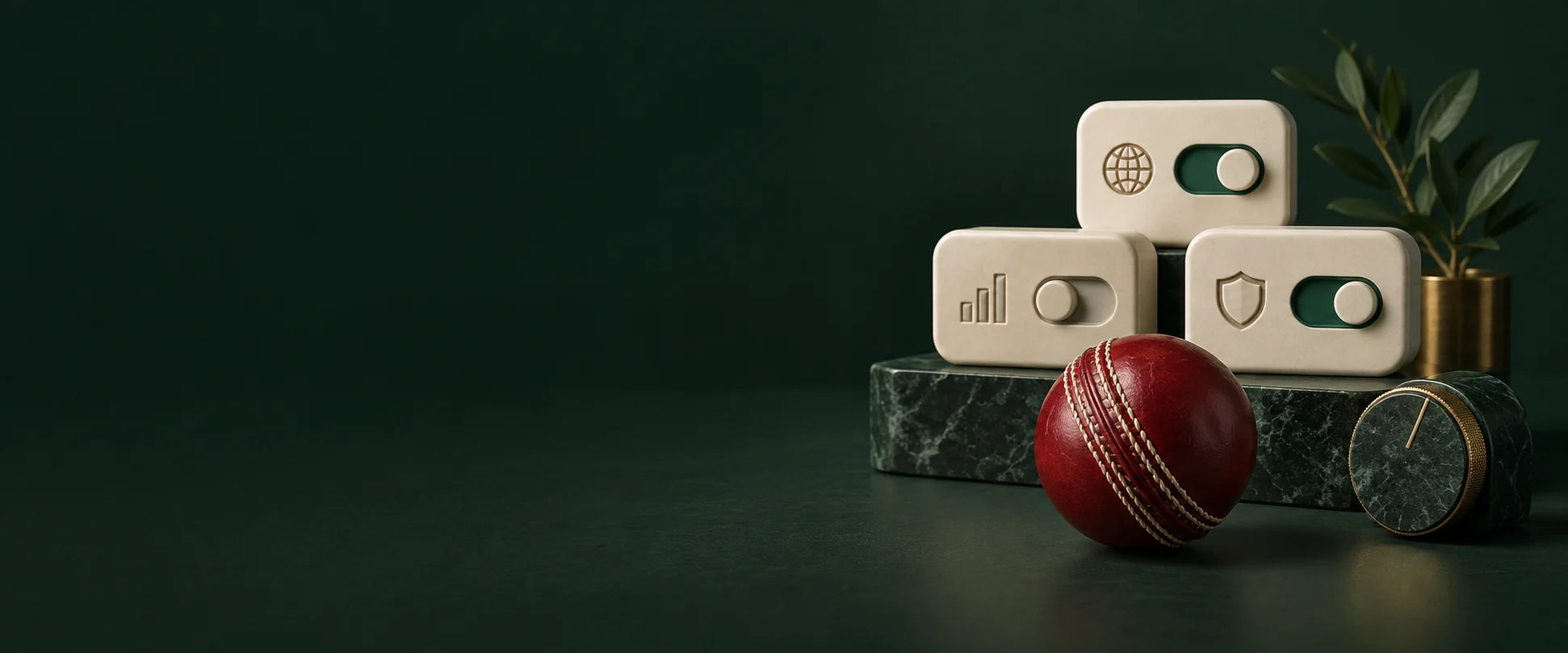 Website preference controls and a red cricket ball on a forest-green background