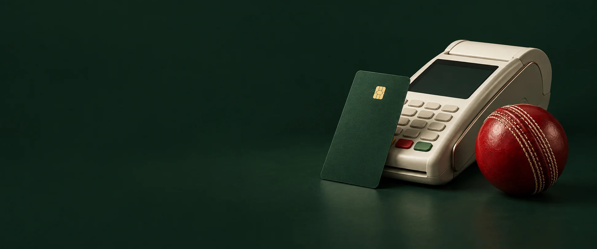 Green payment card, cream payment terminal, and red cricket ball on a forest-green background
