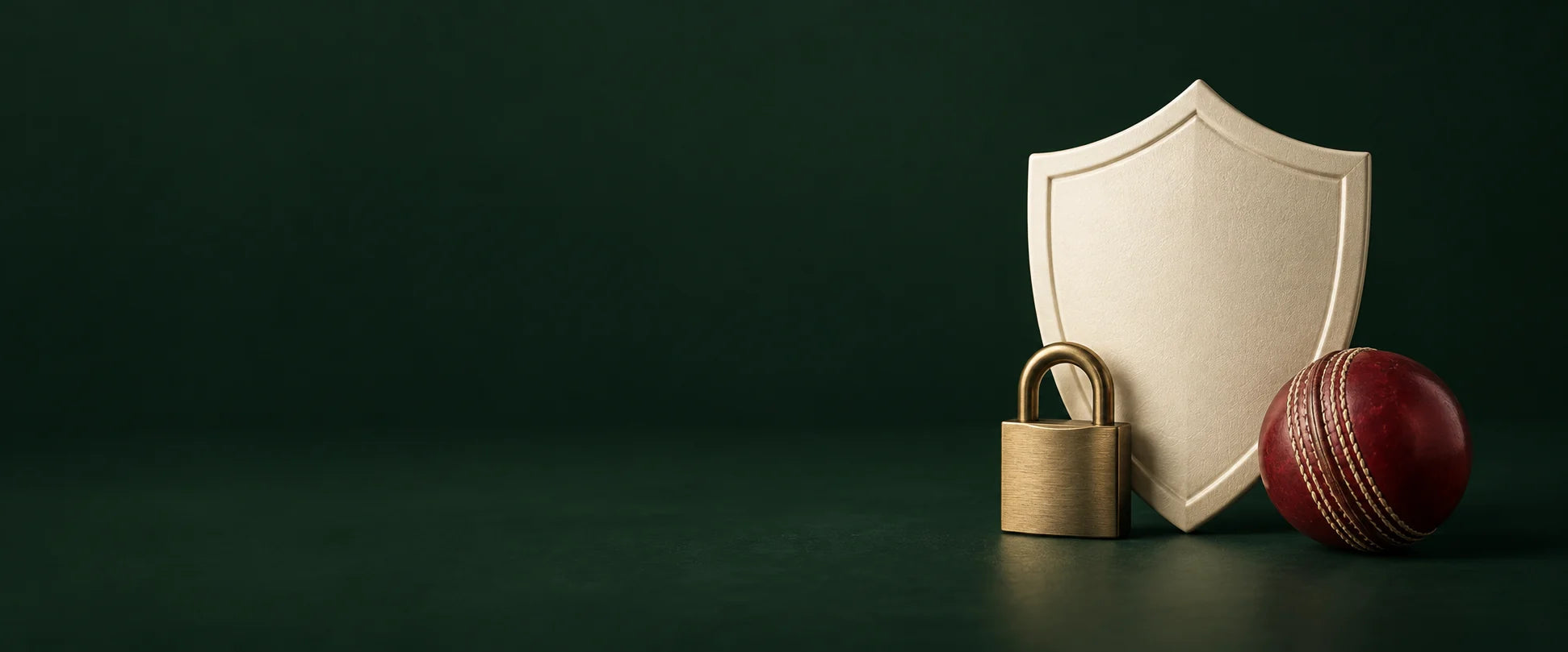 Cream shield, brass padlock, and red cricket ball on a forest-green background