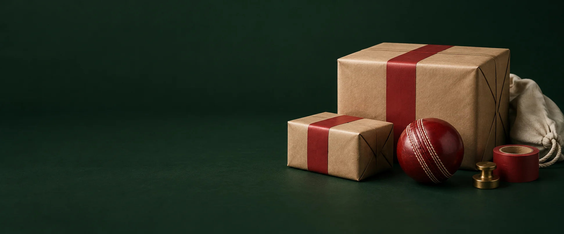 Kraft shipping parcels with red tape and a leather cricket ball on a forest-green background