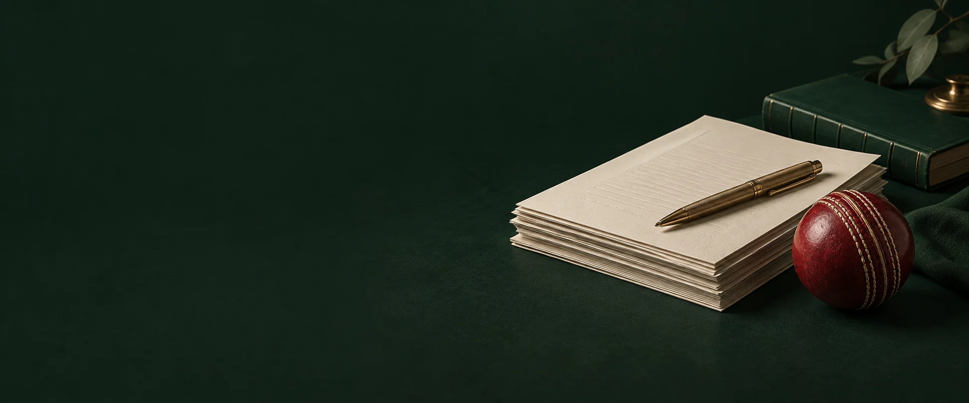Cream documents, brass pen, green book, and red cricket ball on a forest-green background